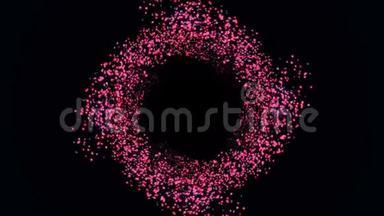 五颜六色的空间穿过黑色背景上微小的粉红色飞行<strong>粒子</strong>形成的<strong>旋涡</strong>。 动画。 美丽美丽